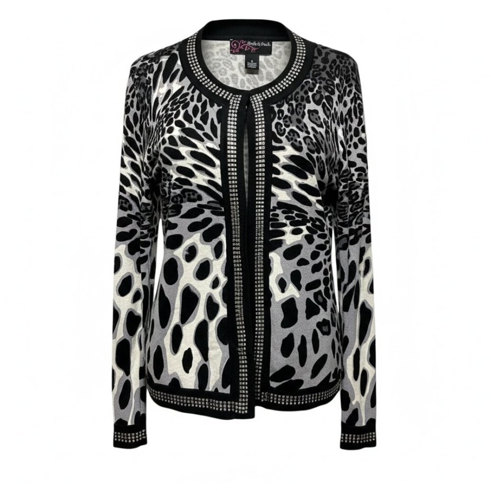 Peck & Peck Collection Black/White Animal Print Bling Cardigan Sweater Size M